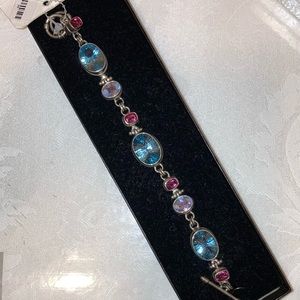 925 STERLING SILVER BRACELET WITH GENUINE GEMSTONES Pink/Blue, 7-7.5”NWT